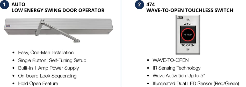 1 Auto Low Energy Swing Door Operator and 2 474 Wave-to-Open Touchless Switch